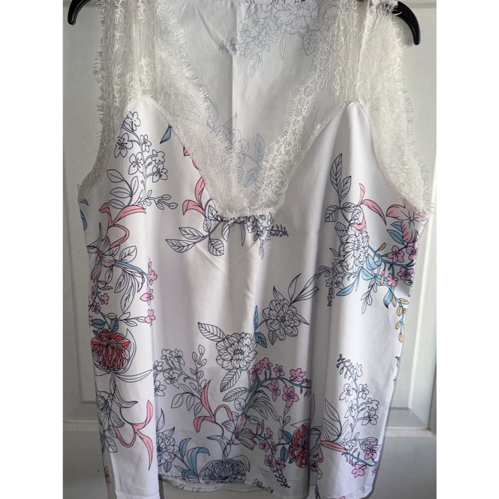 Floral Lace Trim Camisole - White with Pastel Floral Print- 1X